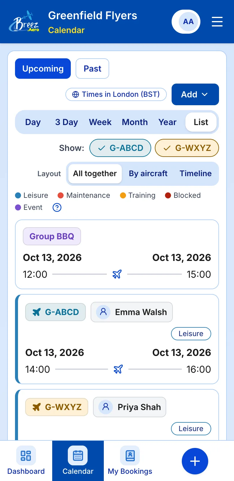 The booking list on a phone