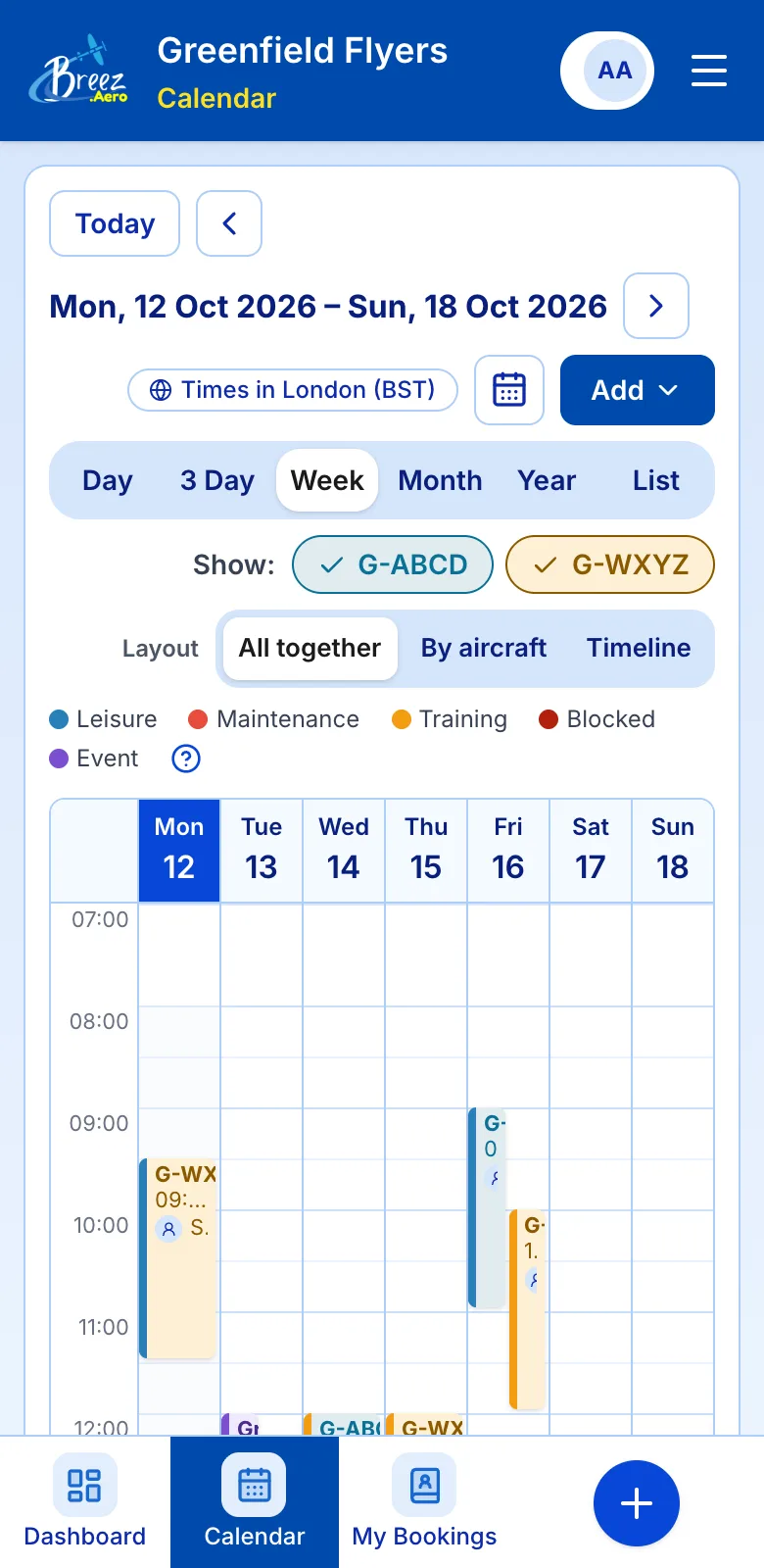 The Breez.Aero calendar on a phone