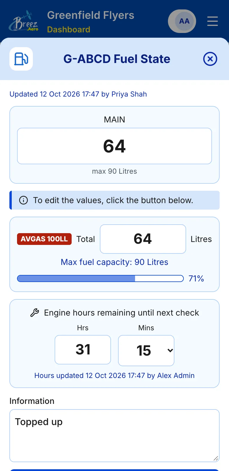 Updating fuel and hours on a phone